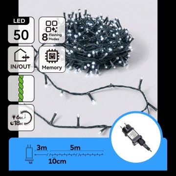 Aigostar - Șirag de lumini LED de exterior pentru Crăciun, 50 LED/8 funcții, 8 m, IP44, alb rece