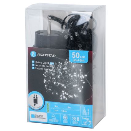 Aigostar - Șirag de lumini LED de exterior pentru Crăciun, 50 LED/8 funcții, 8 m, IP44, alb rece
