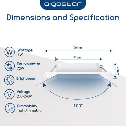Aigostar - Spot încastrat LED/6W/230V 6500K 12x12 cm alb
