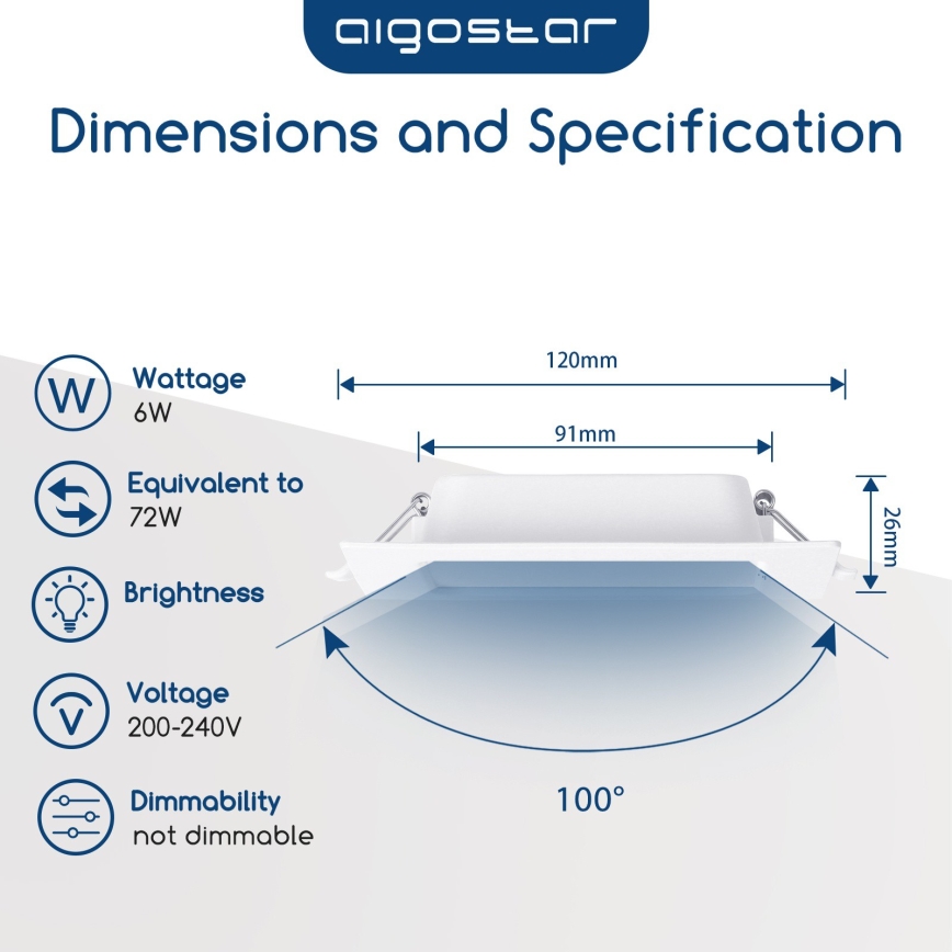 Aigostar - Spot încastrat LED/6W/230V 6500K 12x12 cm alb