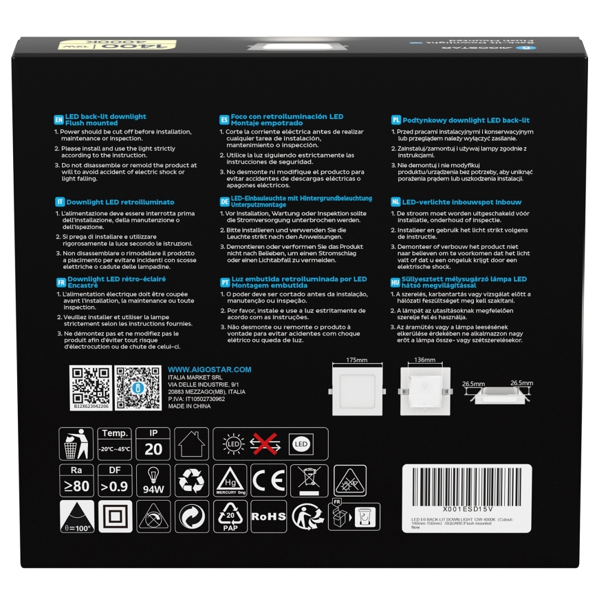 Aigostar - Spot LED încastrat/12W/230V 4000K 17,5x17,5 cm alb