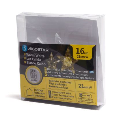 Aigostar - Stea LED pentru Crăciun, 16 LED, alimentare 3xAA, alb cald