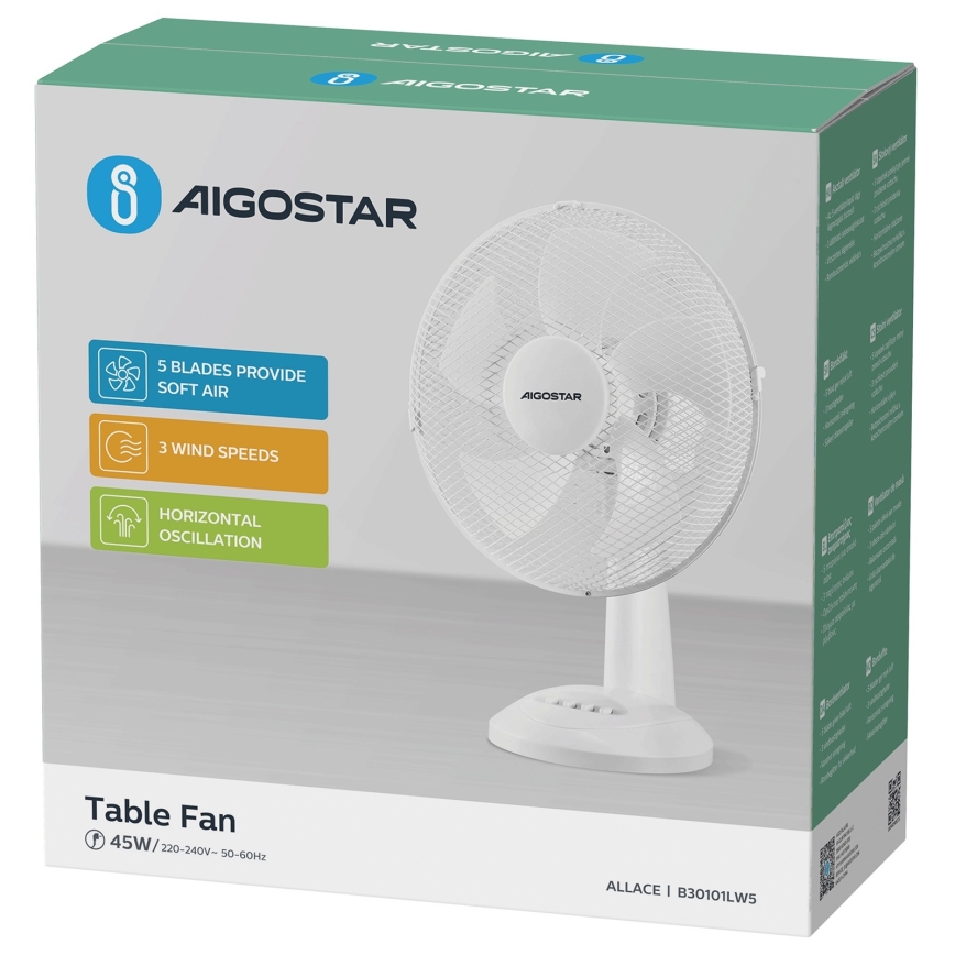 Aigostar - Ventilator de birou 45W/230V alb