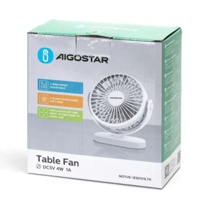 Aigostar - Ventilator de birou reîncărcabil 4W/5V 1500mAh alb