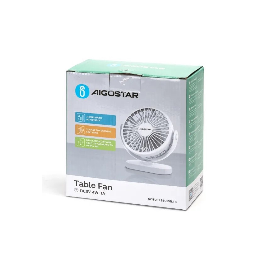 Aigostar - Ventilator de birou reîncărcabil 4W/5V 1500mAh alb