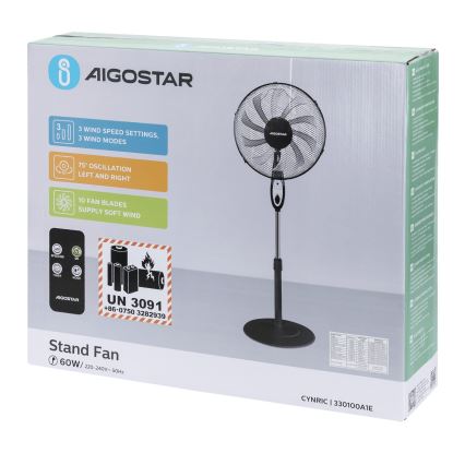 Aigostar - Ventilator de podea 55W/230V 130 cm, negru + telecomandă