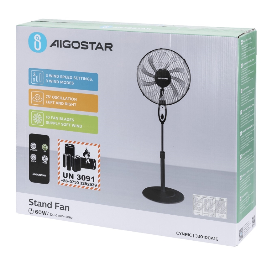Aigostar - Ventilator de podea 55W/230V 130 cm, negru + telecomandă