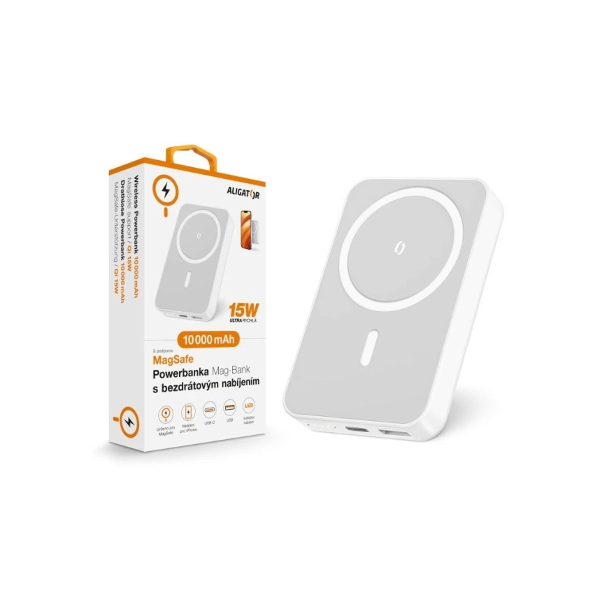 Aligator AMS04WT - Baterie externă cu încărcare wireless Qi și MagSafe, 10000 mAh, 15W Power Delivery, neagră