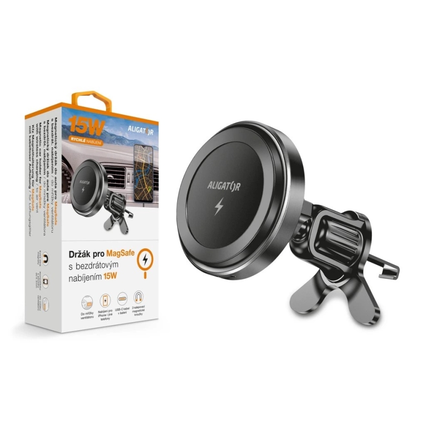 Aligator AMS05BK - Suport auto magnetic pentru telefon cu încărcare wireless Qi de 15W și compatibil cu MagSafe, negru