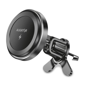 Aligator AMS05BK - Suport auto magnetic pentru telefon cu încărcare wireless Qi de 15W și compatibil cu MagSafe, negru