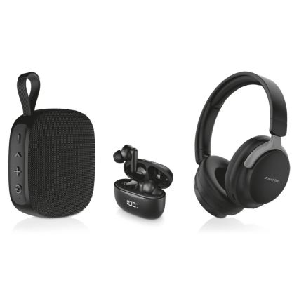 Aligator AUC001 - AUDIO COMBO 3-în-1: căști over-ear cu baterie 150 mAh, căști wireless cu baterie 200 mAh + 2x 30 mAh și difuzor cu 1200 mAh