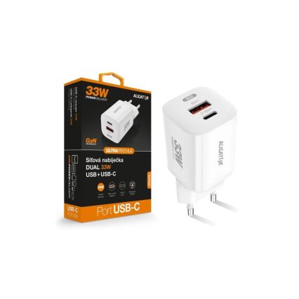 Aligator CHPD0020 - adaptor de încărcare rapidă GaN Power Delivery 33W USB-A + USB-C alb