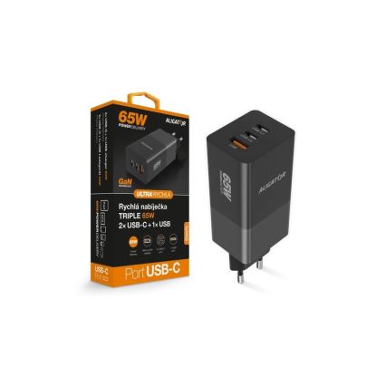 Aligator CHPD0027 - Încărcător rapid GaN Power Delivery 65W, 2x USB-C + USB-A, negru
