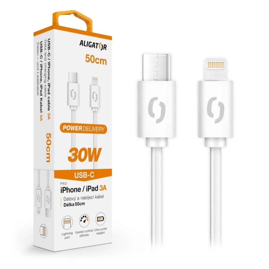 Aligator DATKP57 - Cablu USB USB-C/Lightning, 30 W Power Delivery, 0,5 m, alb
