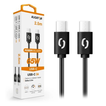Aligator DATKP58 - cablu USB-C la USB-C, 65 W Power Delivery, 2,5 m, negru