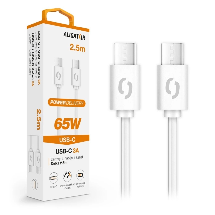 Aligator DATKP59 - cablu USB-C la USB-C, 65W Power Delivery, 2,5 m, alb