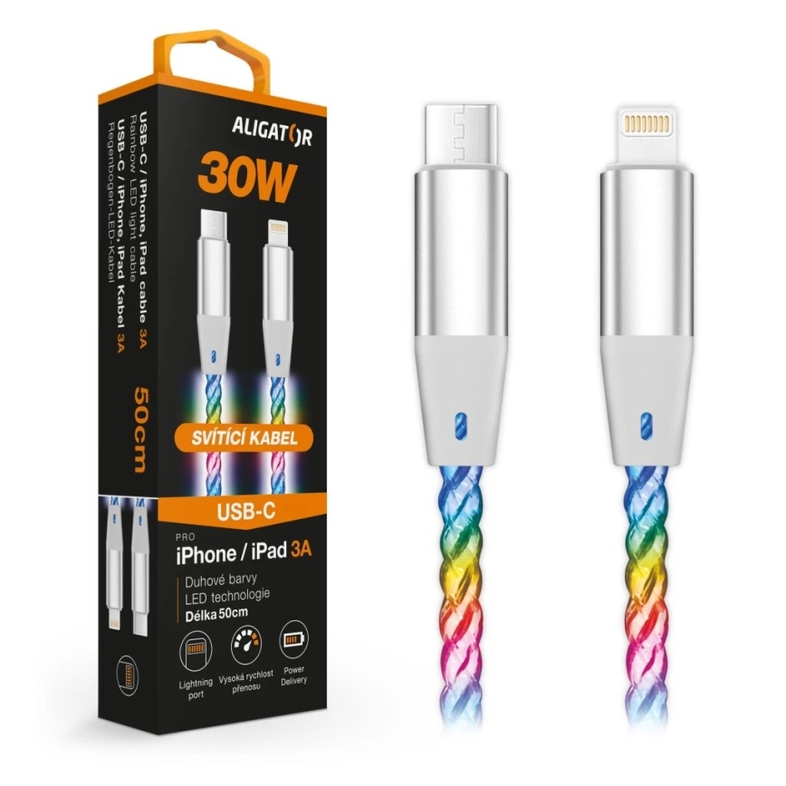 Aligator DATKP65 - cablu USB USB-C / Lightning cu iluminare LED 30W Power Delivery 0,5m