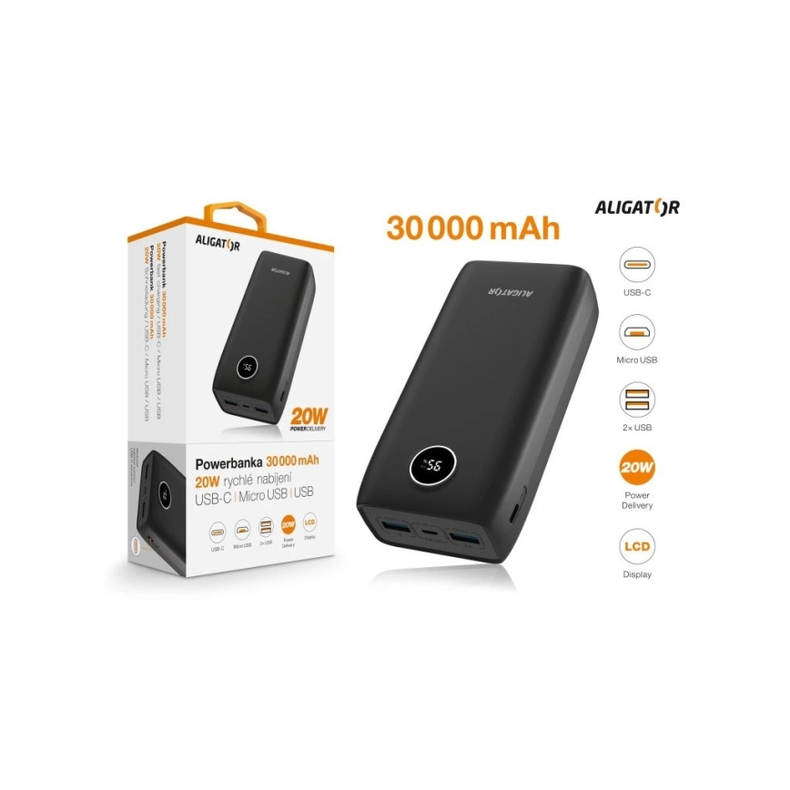 Aligator PBPD30BK - Powerbank cu afișaj LCD, Power Delivery 30000 mAh/20W/3,7V, negru