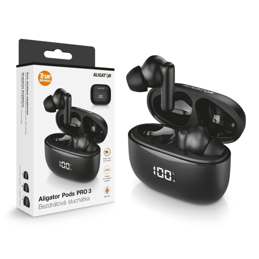 Aligator TWS06 - căști wireless Pods PRO 3, baterie 200 mAh + 2 x 30 mAh, IP30, negru