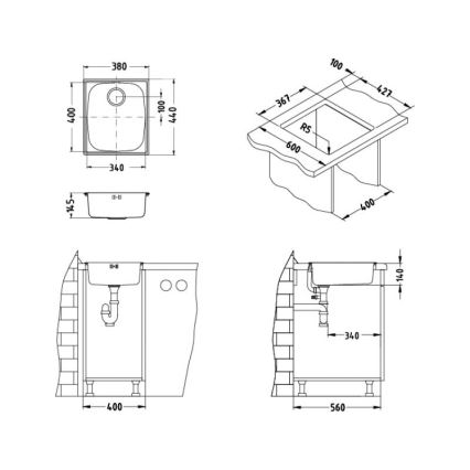 ALVEUS 1082195 - Chiuvetă de bucătărie BASIC, 44 x 38 cm, inox satinat, orificiu de evacuare mare