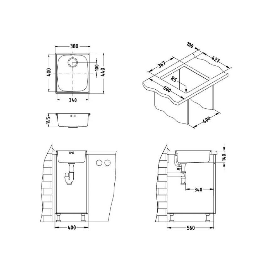 ALVEUS 1082195 - Chiuvetă de bucătărie BASIC, 44 x 38 cm, inox satinat, orificiu de evacuare mare
