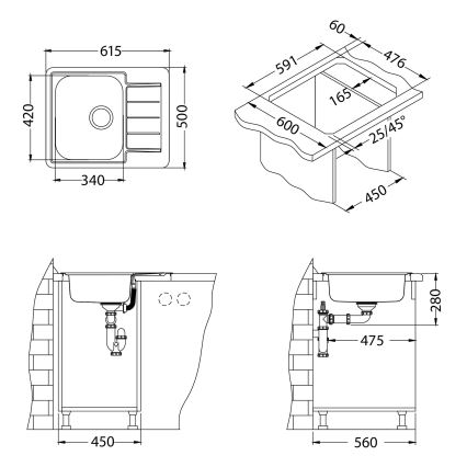 ALVEUS 1144603 - Chiuvetă de bucătărie LINE, 61,5 x 50 cm, inox satinat, fără valvă excentrică