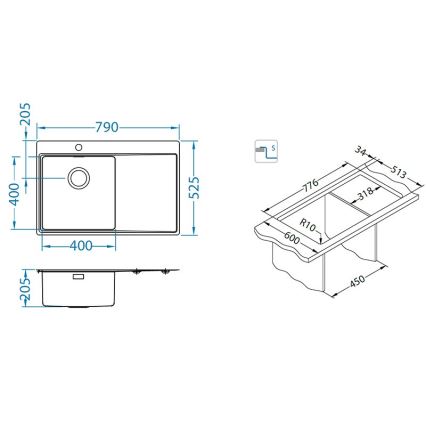 ALVEUS 1149516 - Chiuvetă de bucătărie PURE 79 x 52,5 cm, satinată, cu cuva pe partea dreaptă + sifon cu închidere rapidă