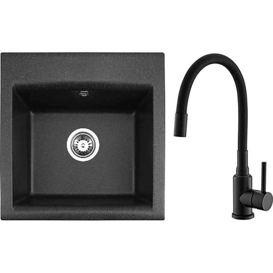 ALVEUS SETA23193 - Chiuvetă ATROX 50 x 50 cm pentru bucătărie + baterie pentru chiuvetă MINTAS cu pipa flexibilă, 34 cm, granit/negru mat