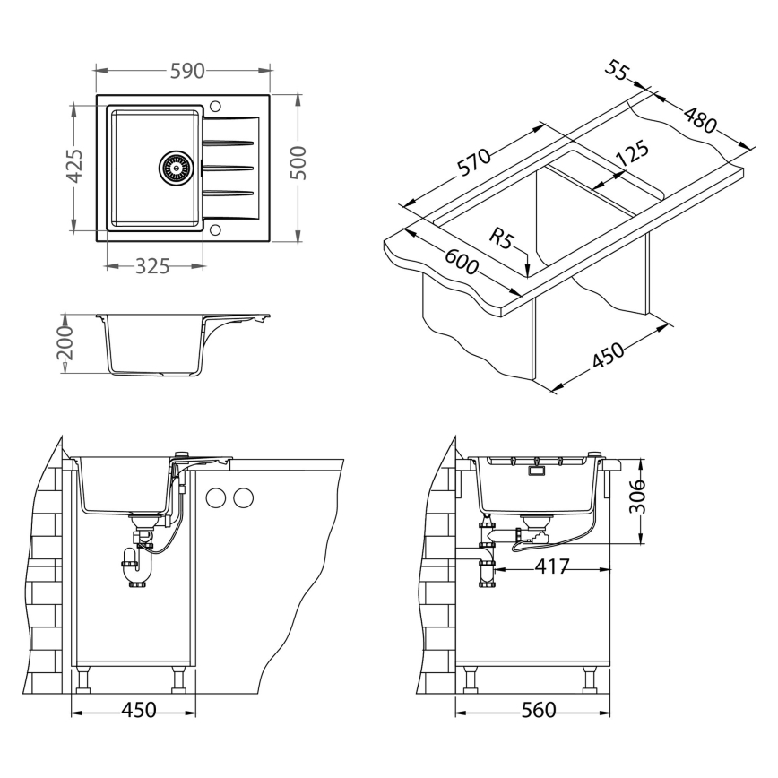 ALVEUS SETA23230 - Chiuvetă de bucătărie CADIT 59 x 50 cm + baterie de chiuvetă MINTAS cu braț flexibil 34 cm, granit/negru mat
