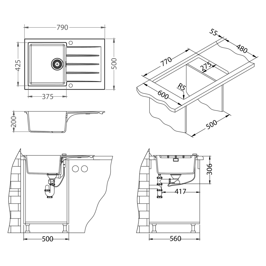 ALVEUS SETA23231 - Chiuvetă de bucătărie CADIT 79x50 cm + baterie pentru chiuvetă cu pipă flexibilă MINTAS 34 cm granit/negru mat