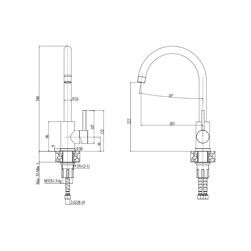 ALVEUS SETA737 - Chiuvetă de bucătărie CORTINA, 50 x 45 cm + baterie pentru chiuvetă TONIA, cu braț flexibil 29,5 cm, granit / negru mat