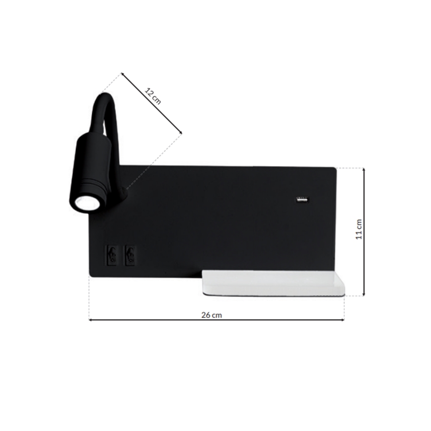 Aplica de perete LED SHELF, LED/4W+LED/5W+LED/2W/230V, negru