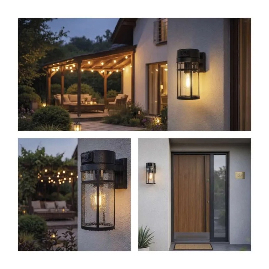 Aplica de perete pentru exterior cu cameră GOSMART, soclu E27, 15W, 230V, Wi‑Fi, IP44