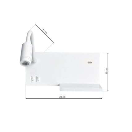 Aplica de perete SHELF, LED/4W+LED/5W+LED/2W/230V, cu port USB, alb
