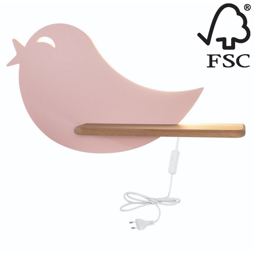 Aplică LED cu raft pentru copii BIRD LED/5W/230V roz/lemn – certificat FSC