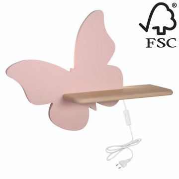 Aplică LED cu raft pentru copii BUTTERFLY LED/5W/230V roz/lemn – certificat FSC