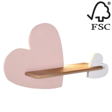 Aplică LED cu raft pentru copii HEART LED/5W/230V roz/alb/lemn – certificat FSC