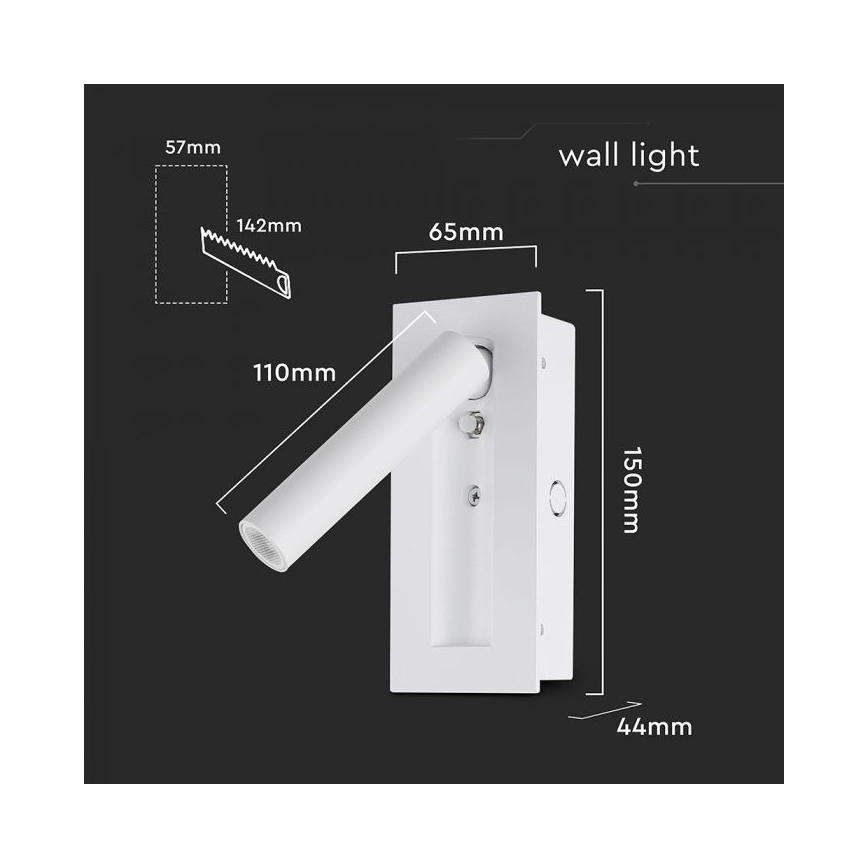 Aplică LED de perete, spot, 2W, 230V, 3000K, alb