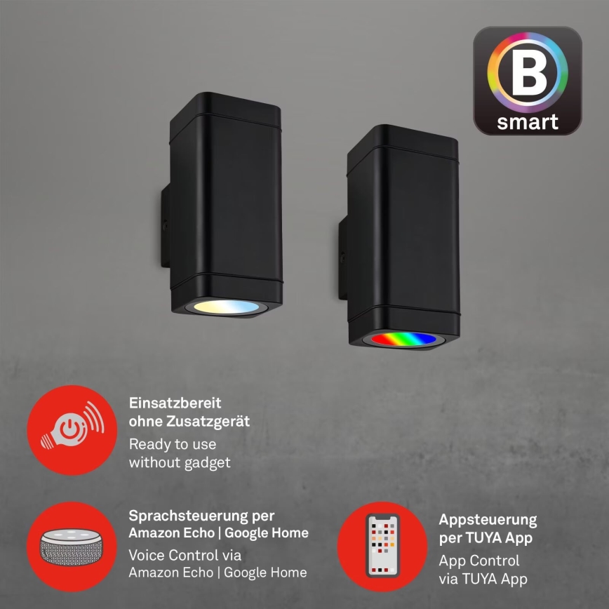 Aplică LED RGBW dimabilă de exterior Briloner 3675-025 2xLED/8,5W/230V 3000-6500K Wi-Fi Tuya IP44 negru