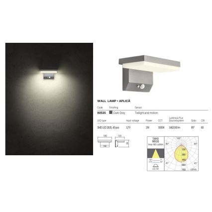 Aplică LED solară cu senzor Redo 90535 TAIYO LED/2W/3,7V 3000K IP54 antracit