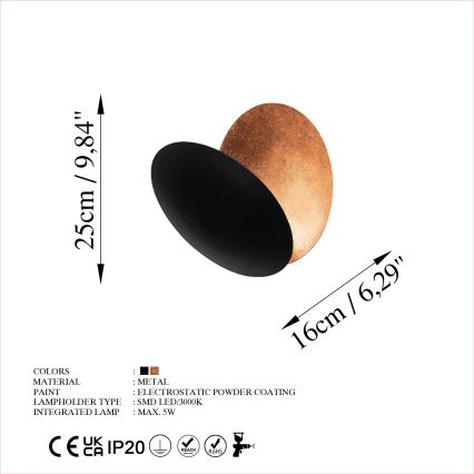 Aplică LED YOSMA LED/5W/230V 3000K negru/cupru