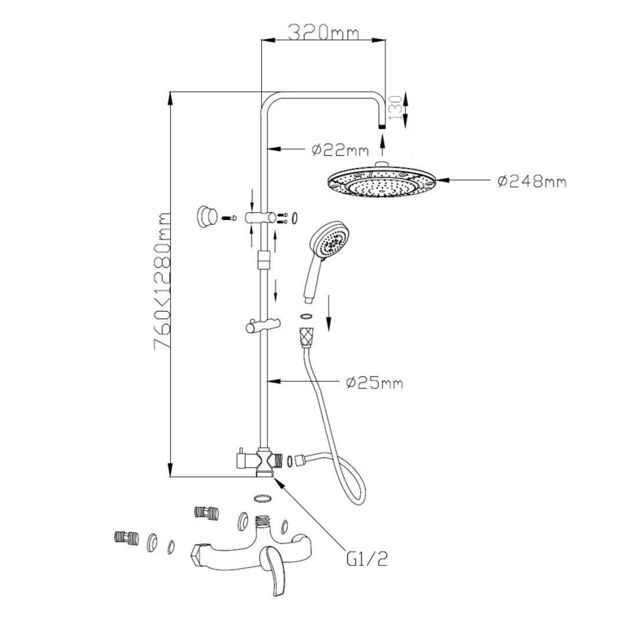 Aqualine - Set de duș KASIOPEA cu baterie, crom lucios
