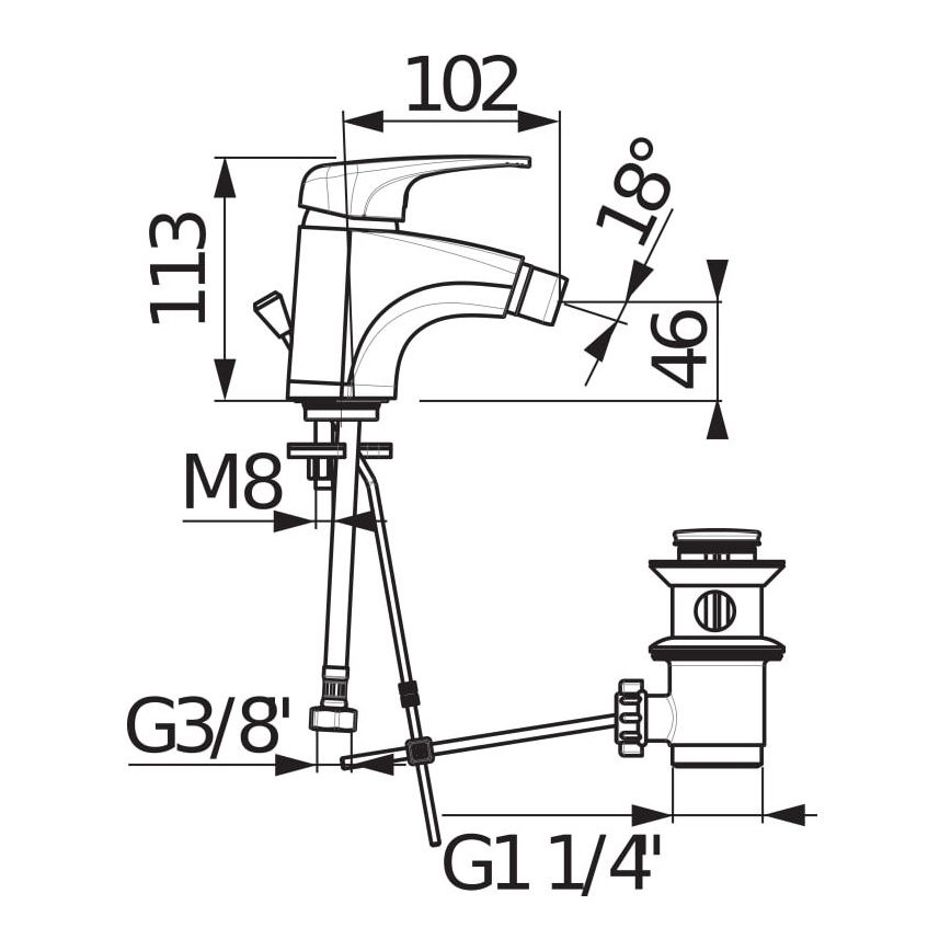 Baterie de bideu + supapă fără preaplin JIKA H3411U10041111 DEEP 11,3 cm crom lucios