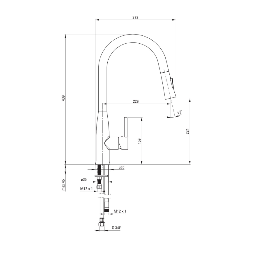 Baterie de chiuvetă cu cap de duș detașabil Deante BDH_072M LUKRECJA crom lucios
