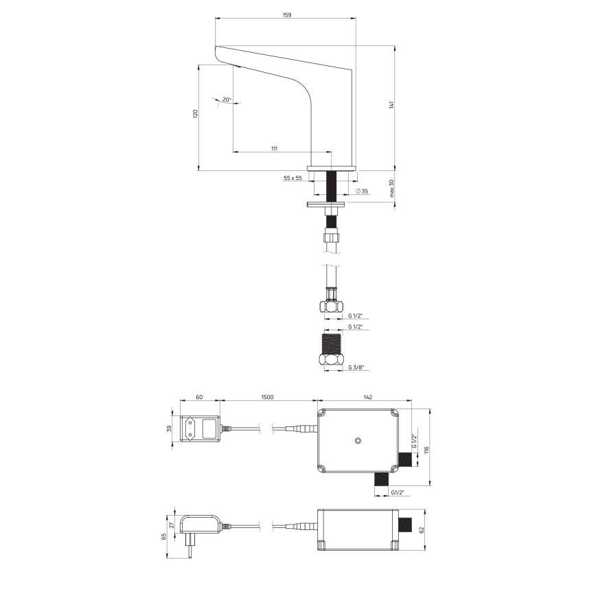 Baterie de lavoar cu senzor Deante BQH_N28V HIACYNT 230/6V negru
