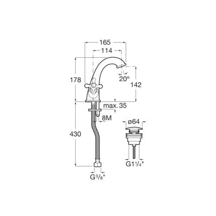 Baterie de lavoar + ventil cu preaplin Roca A5A3A4BC00 CARMEN 17,8 cm crom lucios