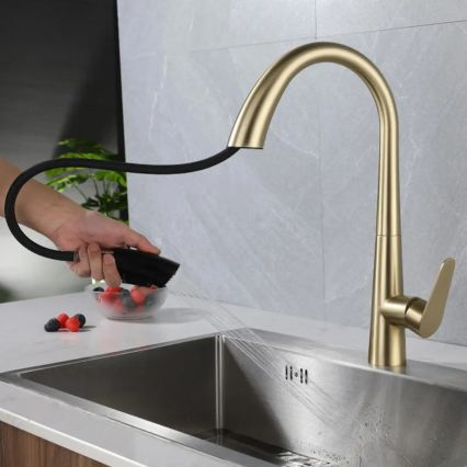 Baterie pentru chiuvetă ROSS cu pulverizator extractibil, 43 cm, auriu periat - REA-B5312