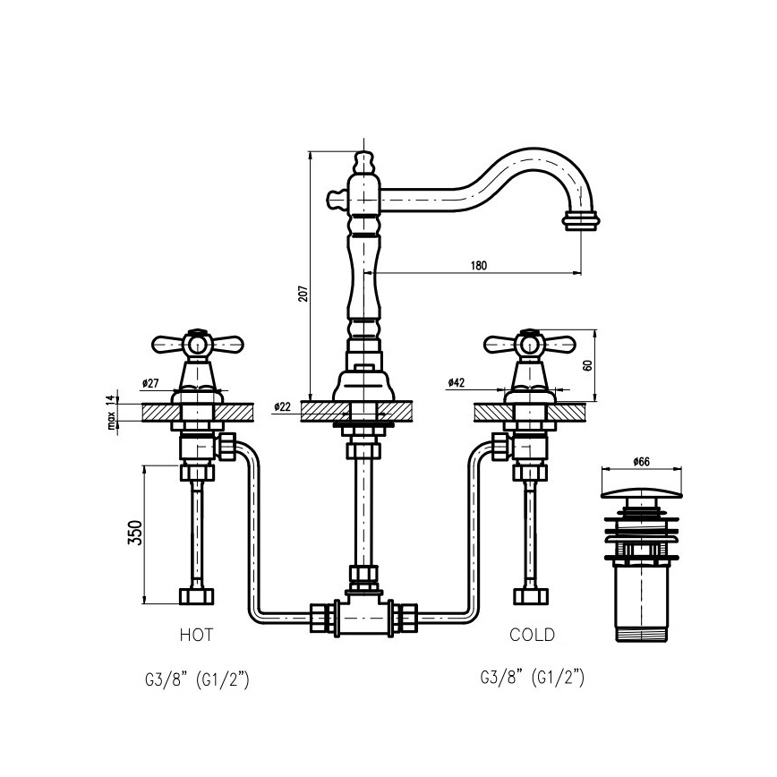Baterie pentru lavoar RAV Slezák MK132.0SM + set de scurgere MORAVA RETRO, alamă antichizată