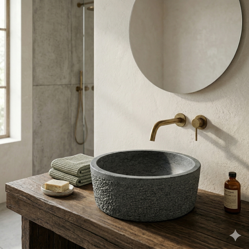 Bathco 00308 - Lavoar DUAL pentru montaj pe blat, Ø 40,5 cm, finisaj piatră/gri