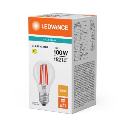 Bec cu filament LED CLASSIC A60 E27/11W/230V 2700K - Ledvance